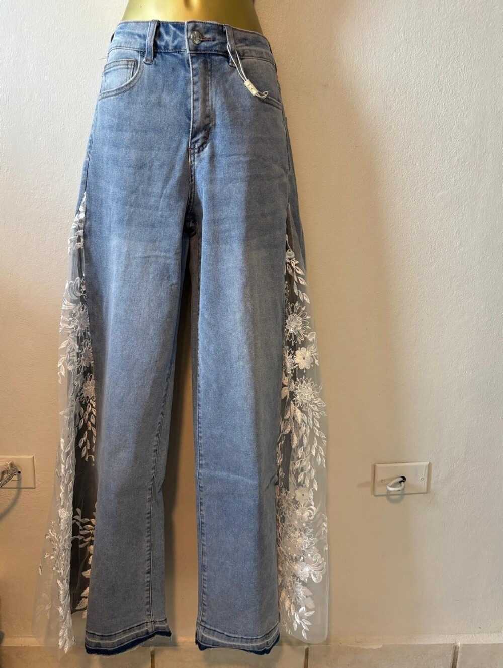 Women's Blue Denim Jeans with White Lace Side Panels